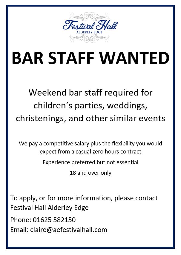 🍾 BAR STAFF WANTED! 🍾

Are you looking for some part-time work? Get in touch to find out more!

#SK9 #jobs #cheshire #cheshirejobs #barwork #alderleyedge #wilmslow #knutsford #macclesfield #prestbury #hiring #barstaff #casualwork #lovealderley