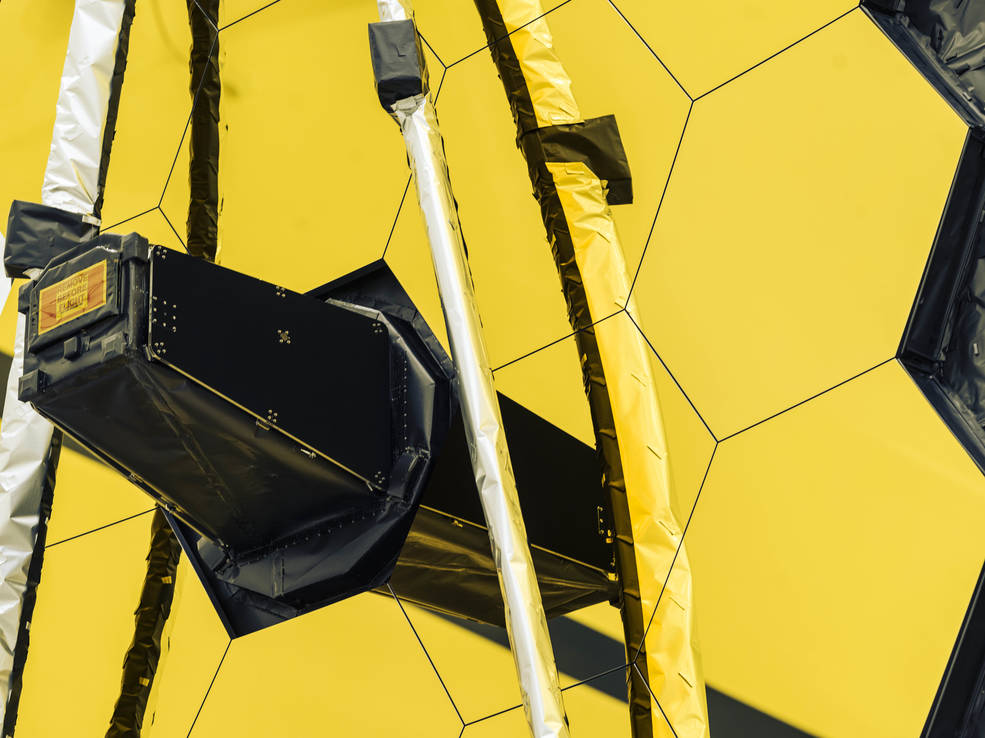 Close-up of the James Webb Space Telescope's golden, hexagonal mirror segments