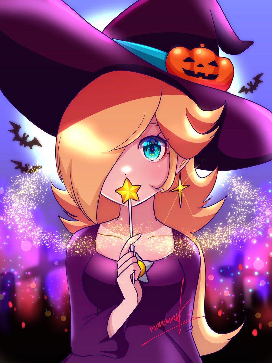 rosalina 1girl hat wand witch hat blonde hair earrings halloween  illustration images