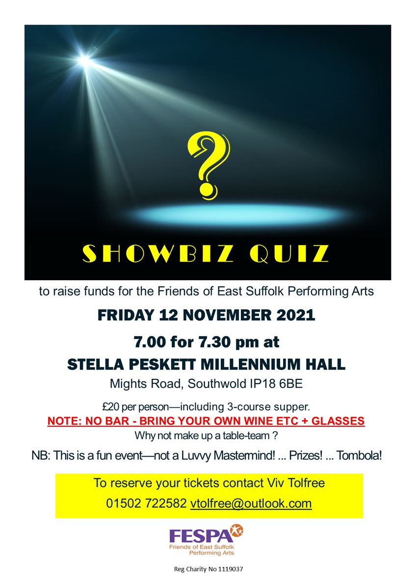 It's back!  The FESPA Showbiz Quiz, as famed for its 3-course supper as for the quiz itself.  Raising funds to support theatre in East Suffolk and bursaries for local performing arts students. Email Viv vtolfree@outlook.com to book your tickets.