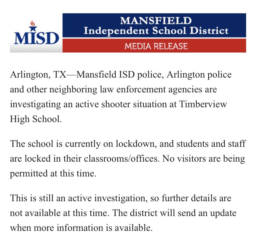 BREAKING NEWS— Active shooter at Mansfield ISD’s Timberview High School. We are on our way now.