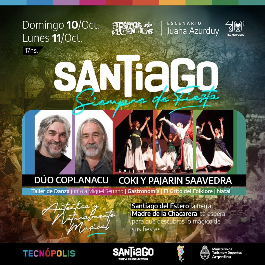 𝗦𝗔𝗡𝗧𝗜𝗔𝗚𝗢 𝗗𝗘𝗟 𝗘𝗦𝗧𝗘𝗥𝗢 𝗣𝗥𝗘𝗦𝗘𝗡𝗧𝗘 𝗘𝗡 𝗧𝗘𝗖𝗡𝗢𝗣𝗢𝗟𝗜𝗦

Este domingo 10 y lunes 11 disfruta en <a href="/TecnopolisArg/">Tecnópolis Argentina</a> del <a href="/DuoCoplanacu/">Dúo Coplanacu</a> y de los talleres brindados por nuestros representantes santiagueños que llevarán nuestras costumbres y tradiciones en Bs As.