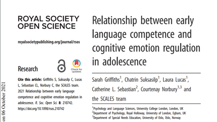 SarahLGriff's tweet photo. New @PALS_SCALES paper out today in Royal Society Open Science: “Relationship between early language competence and cognitive emotion regulation in adolescence” with @lilacCourt @suksasilp @clsebastian and Laura Lucas

Paper: https://t.co/3VjfZEhqWX
OSF:  https://t.co/x3rgYGyjrX https://t.co/px7I9FAyPl