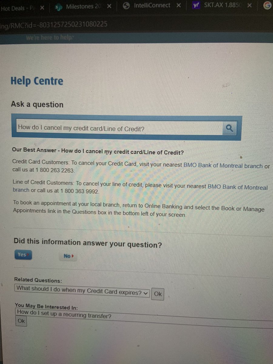 PershantM's tweet photo. Went to @BMO branch to cancel my CC only to be told they can’t close it at branch, and they tried to sell me a line of credit 4x. Instead I have to call and be on hold for 4+hours. LOL this is from their site. https://t.co/qwRj8rSOVc