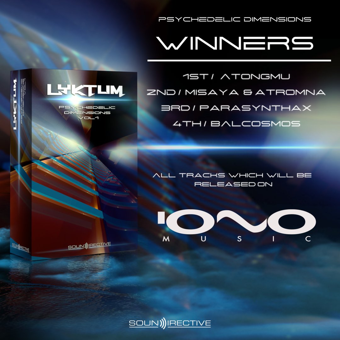 DirectiveSoun's tweet photo. SounDirective and Iono Music are happy to announce the winners of the 
Lyktum - Psychedelic Dimensions v1 contest !
1st :Atongmu - The Oracle of Dream
2nd : Misaya &amp; Atromna - Abducted by Aliens 
3rd : Parasynthax - Fly By Night
4th : Balcosmos - Insect In a Sect https://t.co/r85nSd0pP7