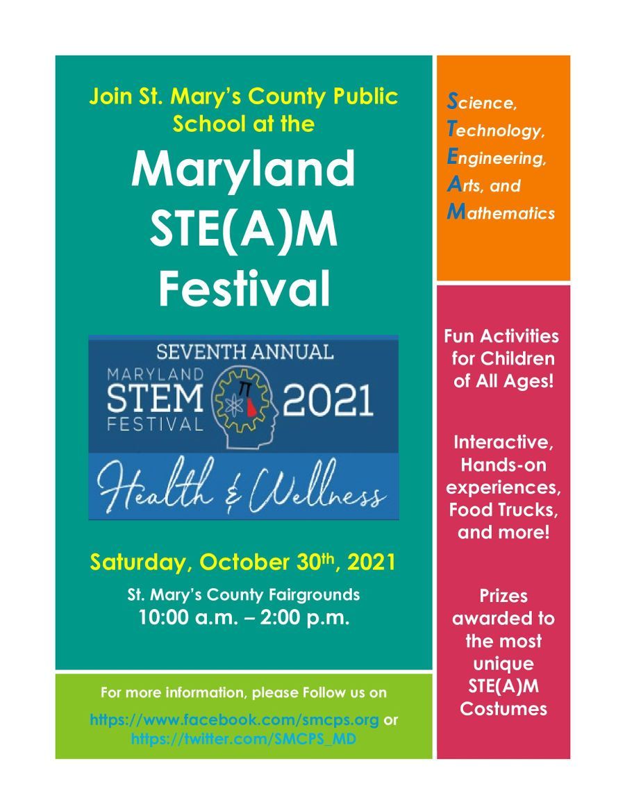 SMCPS_MD's tweet image. SMCPS Science, Technology, Engineering, the Arts, and Mathematics (STEAM) Festival and Expo 2021 to be held on Saturday, October 30, 2021. smcps.org/news/smcps-sci…