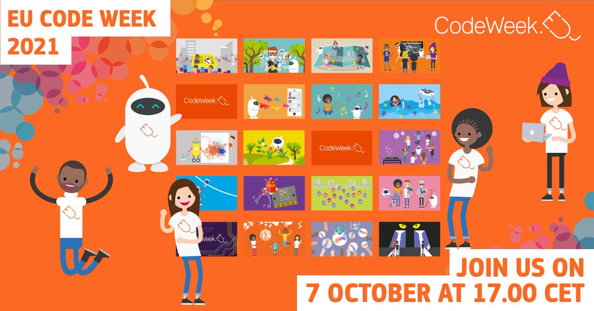 CodeWeekEU's tweet image. Are you ready for the BIG #CodeWeek 2021 Kick-off Event?  
The creative coding craziness will start in 5,4, 3…it’s actually TOMORROW at 5PM CET Live on FB and Youtube 📺👉bit.ly/CodeWeekKickOff