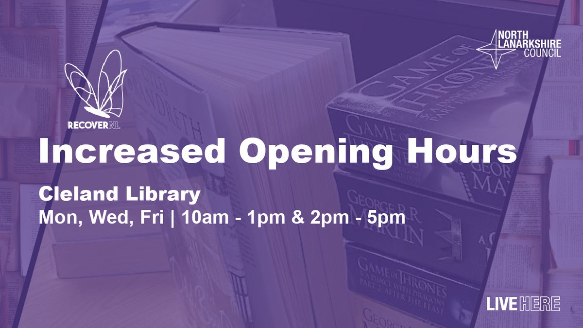 LibrariesNL's tweet photo. In the second of our exciting #LibrariesWeek announcements, we're glad to reveal that #ClelandLib will return to its pre-Covid opening hours from Monday 11 October. Watch out for our final announcement on Friday.
#RecoverNL | #Cleland https://t.co/Na0w4ay3xe