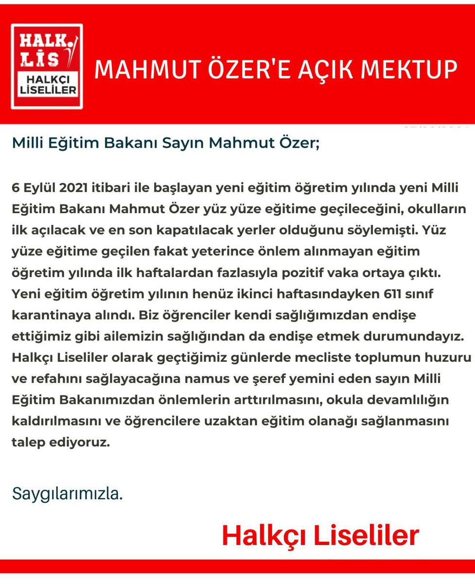 Milli Eğitim Bakanı Sayın Mahmut Özer'e açık mektup...
#AcilOnlineEğitim