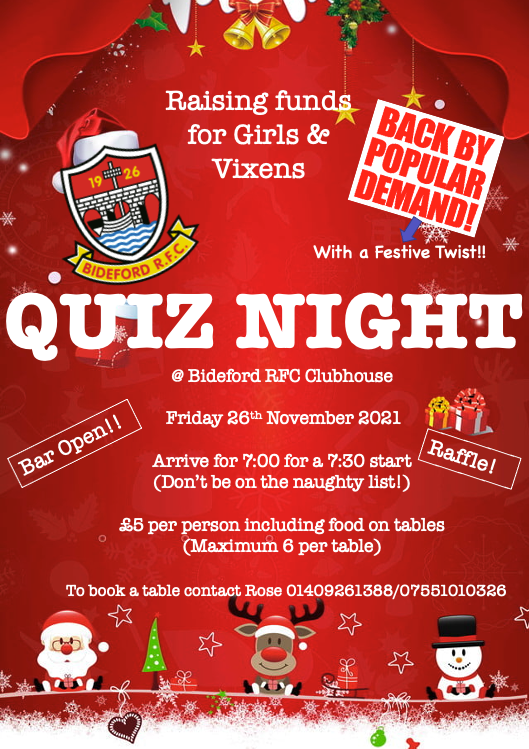 Quiz with a Festive twist 🎄🎅  The infamous quiz nights, that are superb fun!! Book early to avoid disappointment!! #bideford #bidefordrfc #bidefordvixens