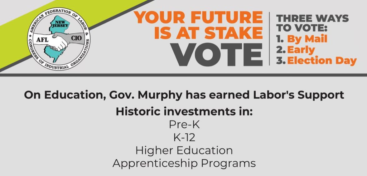 AFT New Jersey (@aftnj) on Twitter photo The AFTNJ and the <a href="/NJAFLCIO/">New Jersey AFL-CIO</a> have endorsed Gov. Phil Murphy and Lt. Gov. Sheila Oliver for reelection.
Voting by mail is underway; early in-person voting takes place Oct. 23-31 in all counties. More important voting info here:
ow.ly/5PoU50GmXzv The AFTNJ and the <a href="/NJAFLCIO/">New Jersey AFL-CIO</a> have endorsed Gov. Phil Murphy and Lt. Gov. Sheila Oliver for reelection.
Voting by mail is underway; early in-person voting takes place Oct. 23-31 in all counties. More important voting info here:
ow.ly/5PoU50GmXzv