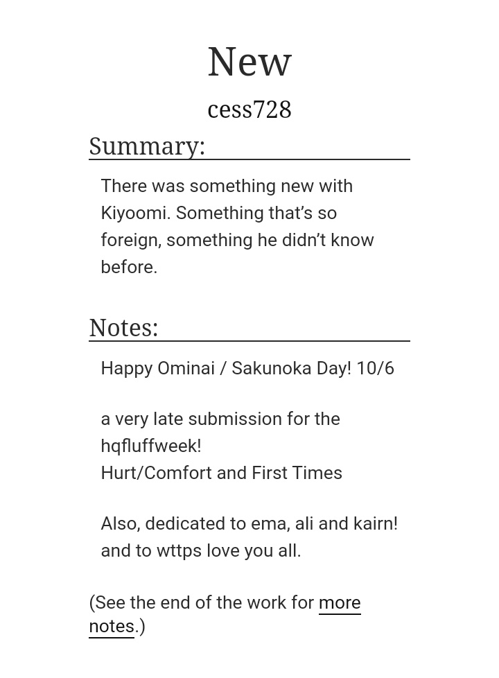 cess728's tweet photo. "New"
- an #ominai / #sakunoka one shot
HAPPY OMINAI DAY! 10/6 

Late entry for @hqfluffweek_ ! 💕

English, fluff, feelings

ao3: https://t.co/nmgd2CgLe4

#hqfluffweek2021 #hqfluffweek #kiyoomi #kanoka https://t.co/JvBtHXhvej