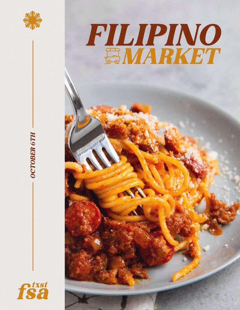 TXSTFSA's tweet photo. Magandang umaga FSA! Were back for round two of some gooooood Filipino eats 😎 Alongside our usual classics, were rolling out Filipino style spaghetti for the first time 🍝 You can find us today over at LBJ mall from 9AM to 3:30PM. You won’t wanna miss out, come see us! https://t.co/i1JHYELaGf
