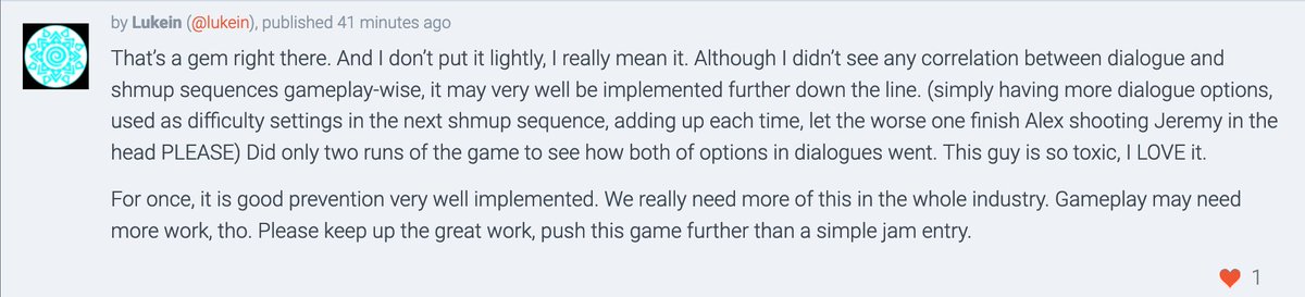 Comments like this is why gamedev is so mouch fun for me. It is amazing feeling to know that someone enjoyed anything that you have created. #gamedev #indiedev #love2d

openfun.itch.io/acidium