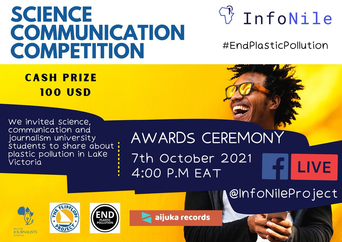 Join @infoNILE on Thursday 7th October at 4pm EAT live on Facebook to see the winners are for their recent #sciencecompetition 
PLUS there will be entertainment and music performance by @AijukaRecords   
🔗 facebook.com/InfoNileProjec… #endplasticpollution