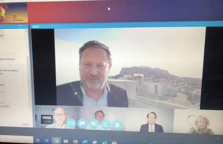 carlsonbill's tweet photo. Great speaking from Athens with other former @PROIWorldwide   Chairs to 230 representatives of our partners in 55 countries around the world. (Photo credit @Misha_Cook) How is that for a backdrop? @ratemyskyperoom https://t.co/VWfbgEQrZa