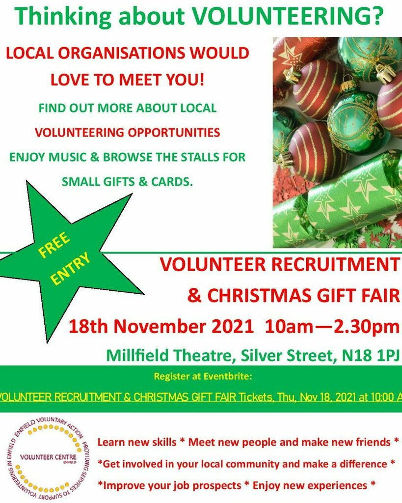 Do you have spare time on your hands to volunteer?! Then come along to the Millfield Theatre, N18 1PJ on 18th November 2021 between 10am and 2.30pm for a Volunteer Recruitment Fair, meet local organisations working in Enfield. facebook.com/Bountagu/photo… #edmonton #n9 #community