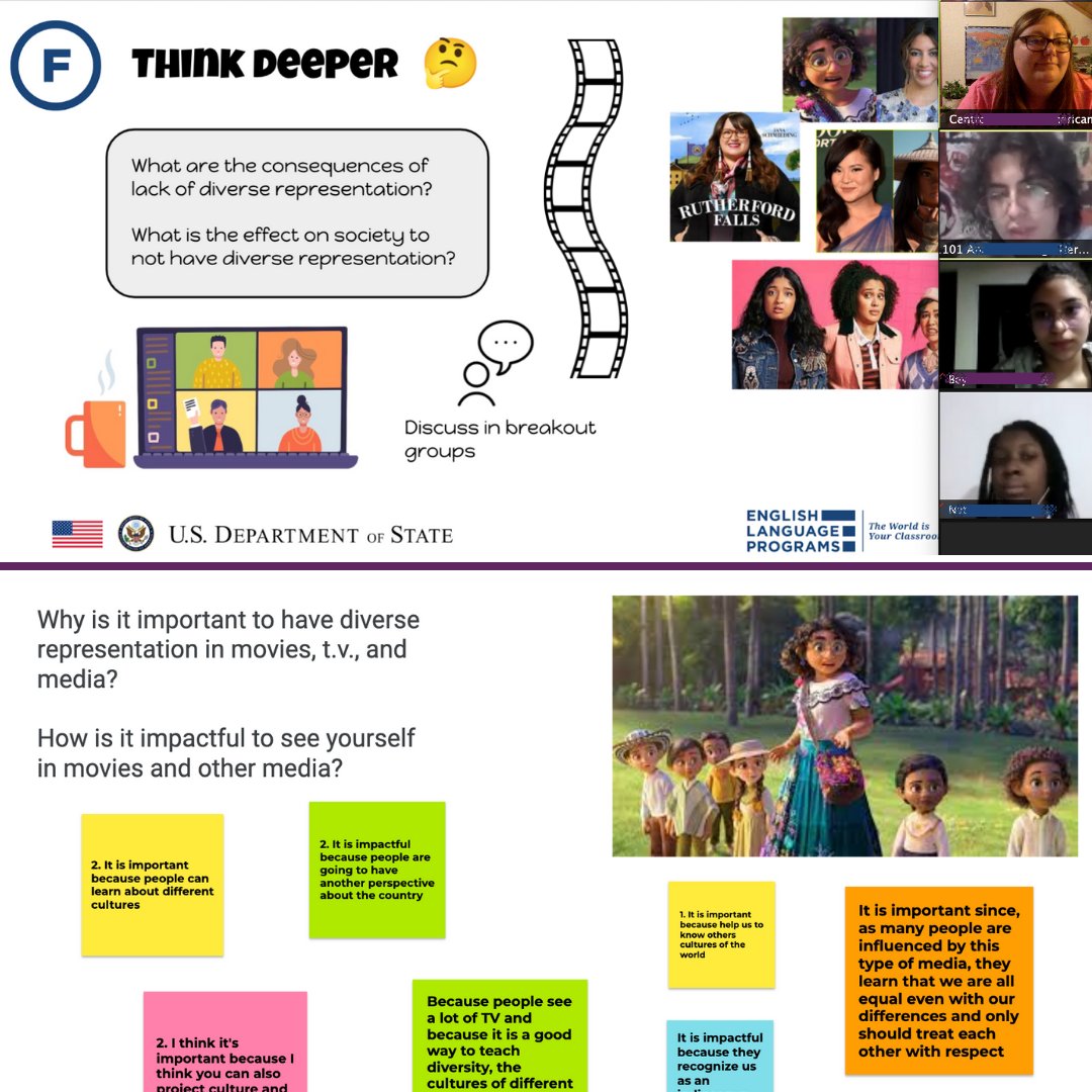 ELPrograms's tweet photo. This summer, #VirtualFellow Chelsea Olsen explored the topic of diverse representation in media with students in #Colombia. They discussed why seeing yourself represented in movies, television, and media is important.
#hispanicheritagemonth https://t.co/eGa7bPvt9h