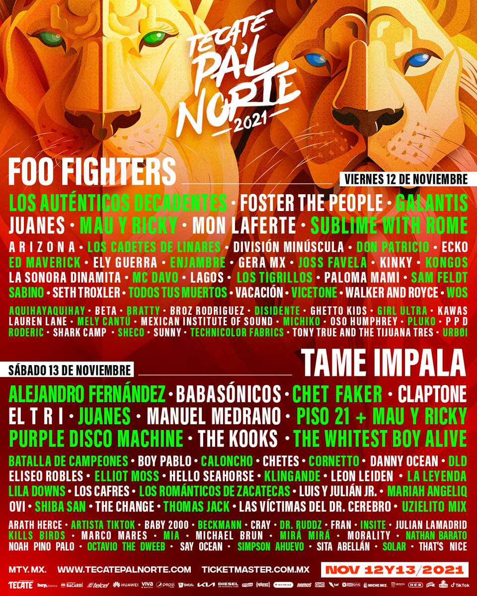 Conoce el lineup por día de #TecatePalNorte.

Boletos individuales a la venta a partir del 8 de octubre a las 11:00 am a través de Ticketmaster.