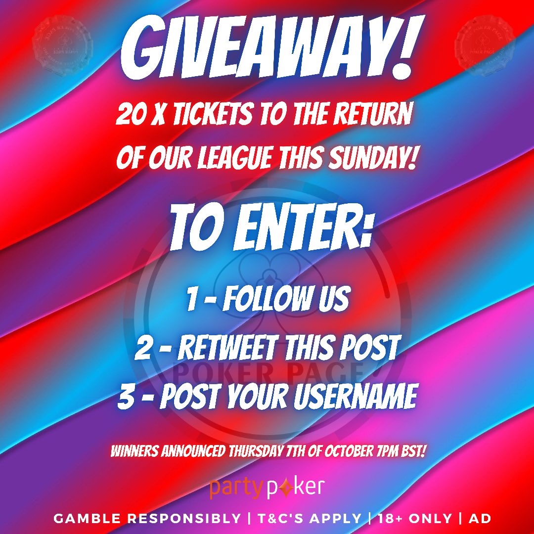 The Poker Page (@thepokerpage) on Twitter photo 🚨🚨 GIVEAWAY 🚨🚨
20 x tickets to our new league starting this Sunday on <a href="/partypoker/">PartyPoker</a> !
To join our league visit our website
bit.ly/ThePokerPageLe…
18+ only | T&C’s apply | AD 🚨🚨 GIVEAWAY 🚨🚨
20 x tickets to our new league starting this Sunday on <a href="/partypoker/">PartyPoker</a> !
To join our league visit our website
bit.ly/ThePokerPageLe…
18+ only | T&C’s apply | AD