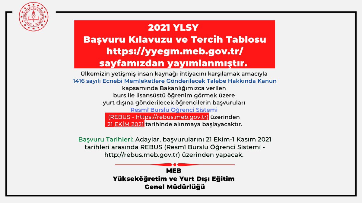 2021 YLSY Başvuru Kılavuzu ve Tercih Tablosu yyegm.meb.gov.tr sayfamızdan yayımlanmıştır.