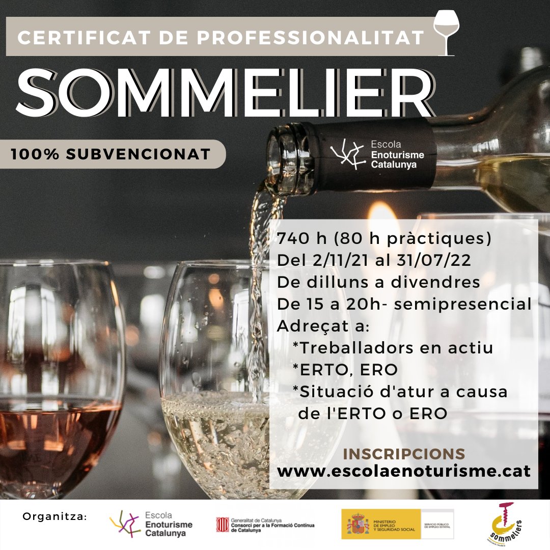 🚨Certificat de Professionalitat de #Sommelier
📣 100% SUBVENCIONAT
📜Certificat reconegut per l’ <a href="/acsommeliers/">A.C.Sommeliers</a>

🎯Formar professionals especialitzats en el món del #vi 🍷amb una àmplia base de coneixements sobre el producte i el negoci, i la seva relació amb la #gastronomia. 
👇