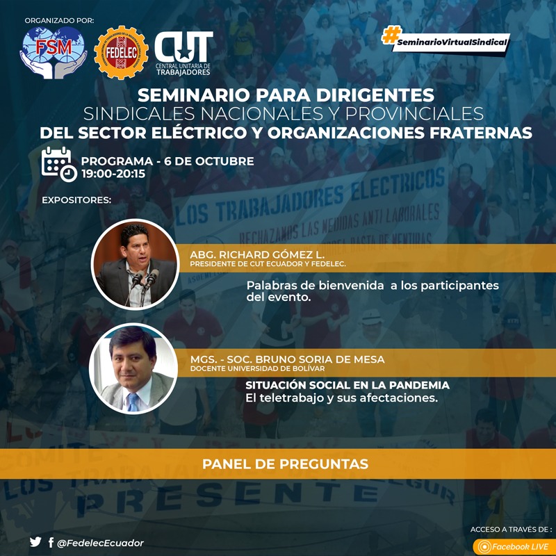 🔸Invitamos a los dirigentes de nuestras filiales  y de gremios miembros de <a href="/EcuadorCut/">CUT ECUADOR</a> a participar del seminario.

📌TEMA: SITUACIÓN SOCIAL EN LA PANDEMIA (El teletrabajo y sus afectaciones)
Expositor: Mgs. Bruno Soria De Mesa

🔶Síguenos via #Facebook ▶️bit.ly/3Fjs7TA