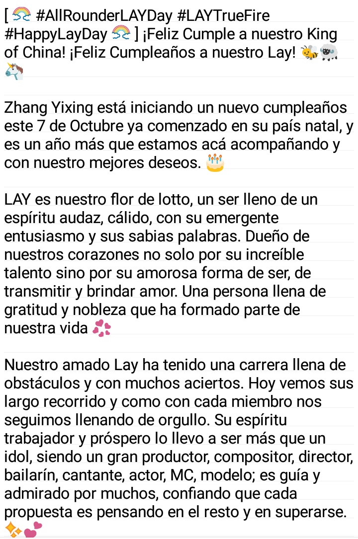 EXO_Argentina's tweet photo. [ 🌈 #AllRounderLAYDay #LAYTrueFire #HappyLayDay 🌈 ] ¡Feliz Cumple a nuestro King of China! ¡Feliz Cumpleaños a nuestro Lay! 🐝🐑 @weareoneEXO @layzhang

🎉🎂¡Que los cumplas muy feliz!🎂🎉
¡¡Te amamos!!💟
Utilicemos los hashtags, hagamos TT❤️🎊

Staff -Two Moons EXO Argentina- https://t.co/AnKOndfkcA