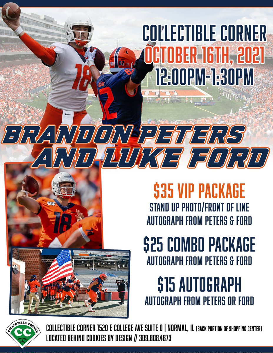 B2Bradtke's tweet photo. 🚨 10 Days Away! 🚨

Illini QB @bpeters_18 &amp; TE @lukeford82 will be at Collectible Corner (@CC_BloNo) in Bloomington-Normal!

🔶✍️📸🔷 #Illini #NIL #B2 https://t.co/UBviyKbvtK