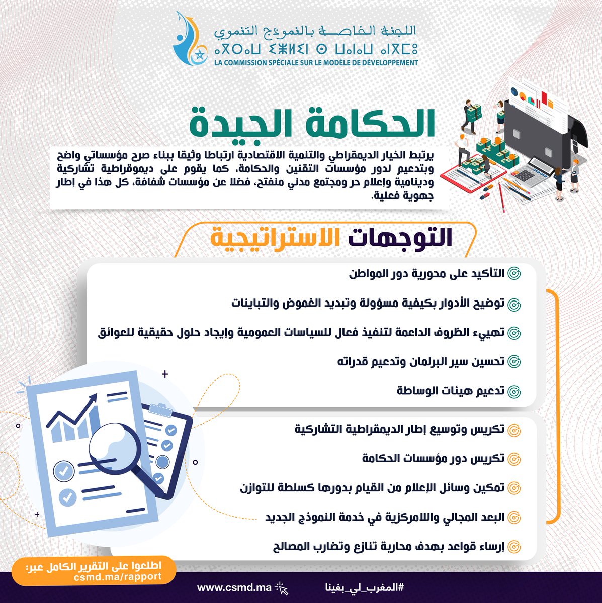 يرتبط الخيار الديمقراطي والتنمية الاقتصادية ارتباطا وثيقا ببناء صرح مؤسساتي واضح وبتدعيم لدور مؤسسات التقنين والحكامة، كما يقوم على ديموقراطية تشاركية وإعلام حر ومجتمع مدني منفتح، فضلا عن مؤسسات شفافة... 

فيما يلي التوجهات الاستراتيجية لورش الحكامة الجيدة 👇

#المغرب_لي_بغينا