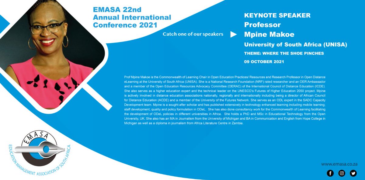 EMASA_1's tweet photo. The conference makes it possible for education specialists to contribute jointly to the body of knowledge that speaks to the current and challenging realities. 1of our key speakers, Professor Mpine Makoe
@DBE_SA
@abengtsonmali
@Nana_leopeng
@SciBono
@DiamondLandie
@unisa
@theNWU https://t.co/35lGGHoBBL