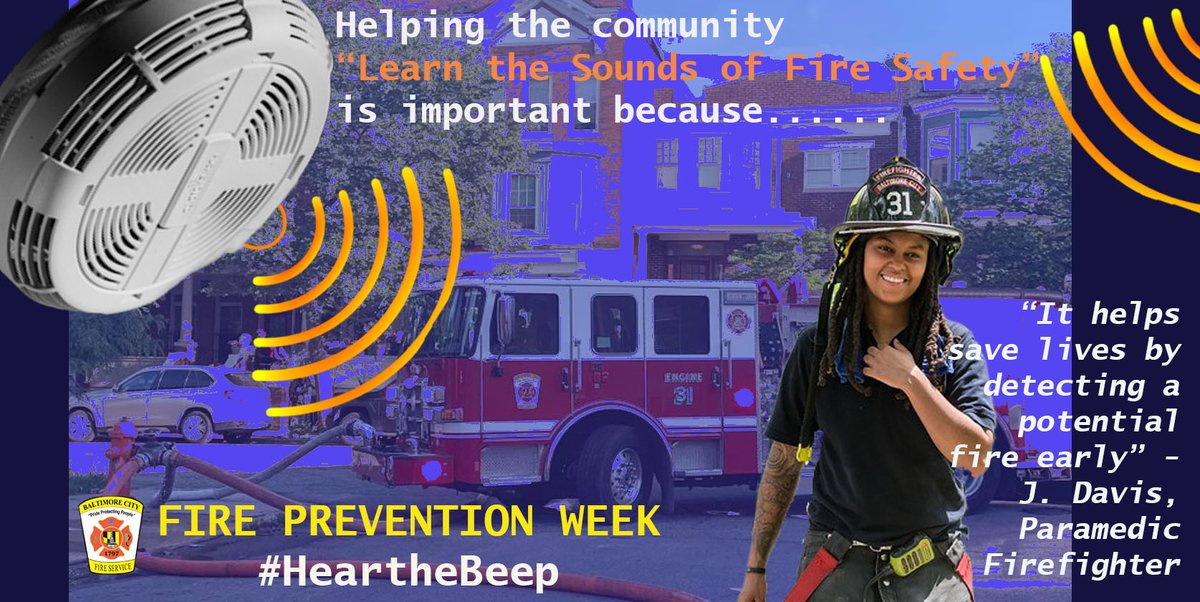 BaltimoreFire's tweet photo. Meet J. Davis, a Paramedic Firefighter w/ #BCFD. For the past 6 yrs, she's been passionate about educating residents about #FireSafety. Learning the Sounds of Fire Safety is important because "It helps save lives by detecting a potential fire early". #FirePreventionWeek https://t.co/ts5SQXa2d1