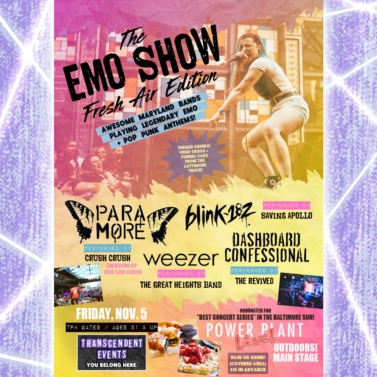 ⚡JUST ANNOUNCED! #TheEmoShow is back &amp; OUTDOORS on a grand stage! SING YOUR LUNGS OUT to some of the best Emo &amp; Pop Punk songs of all time! . 
Tix On Sale This Fri at Noon!
Crush.Crush
(<a href="/thotswithDLD/">Dead Like Disco</a>  + <a href="/TallerTales/">TallerTales</a>)
<a href="/gr8heightsband/">The Great Heights Band</a>
<a href="/SavingApollo/">Saving Apollo</a>
<a href="/The_Revived/">The Revived</a> 
<a href="/POWERPLANTLIVE/">Power Plant Live!</a>