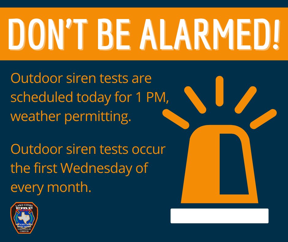 LCitiesFD's tweet image. Don't be alarmed if you hear sirens today! Outdoor Siren Testing occurs on the first Wednesday of every month at 1 p.m., weather permitting!