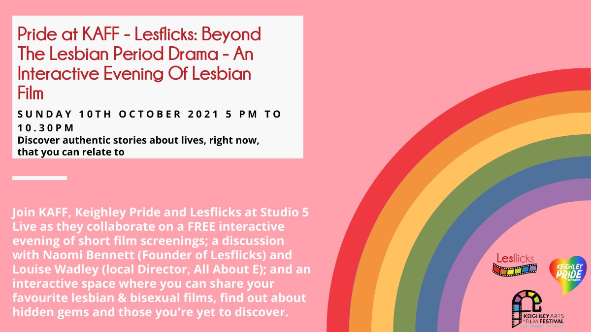 Lesflicks 🍿🏳️🌈home of #sapphicstoriesonscreen (@lesflicks) on Twitter photo Want to discuss all things lesbian films and live in Yorkshire?
Why not join Lesflicks founder Naomi at <a href="/KAFFestival/">Keighley Arts and Film Festival</a> with <a href="/KeighleyPride/">Keighley Pride</a> talking all things lesbian film!
The event is FREE at 5pm on the 10th October. More information is here: bit.ly/2ZHnbYn Want to discuss all things lesbian films and live in Yorkshire?
Why not join Lesflicks founder Naomi at <a href="/KAFFestival/">Keighley Arts and Film Festival</a> with <a href="/KeighleyPride/">Keighley Pride</a> talking all things lesbian film!
The event is FREE at 5pm on the 10th October. More information is here: bit.ly/2ZHnbYn