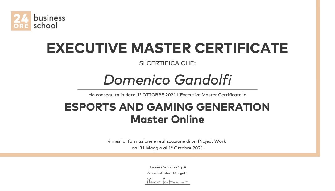 Happy to have completed the Executive Master in eSports and Gaming Generation at the @24OREBS. Many thanks to my merry companions and teachers from @pro2besports, @infrontsports, @PGEsportsIT, @MCES_Italia, and many more #eSports