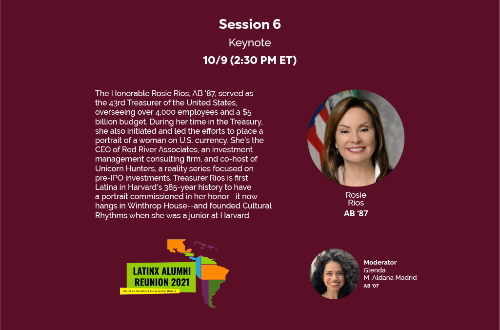 HarvLatinoAlum's tweet image. Don’t miss out on our engaging conversation with #HarvardLatinxAlumniReunion #keynote speaker Treasurer Rosie Rios, AB ‘87 this Saturday, where we’ll hear more about her personal story, her time at Harvard, and her professional trajectory.
🕛 10/9 2:30 ET | 1:30 CT | 11:30 PT ⬇️