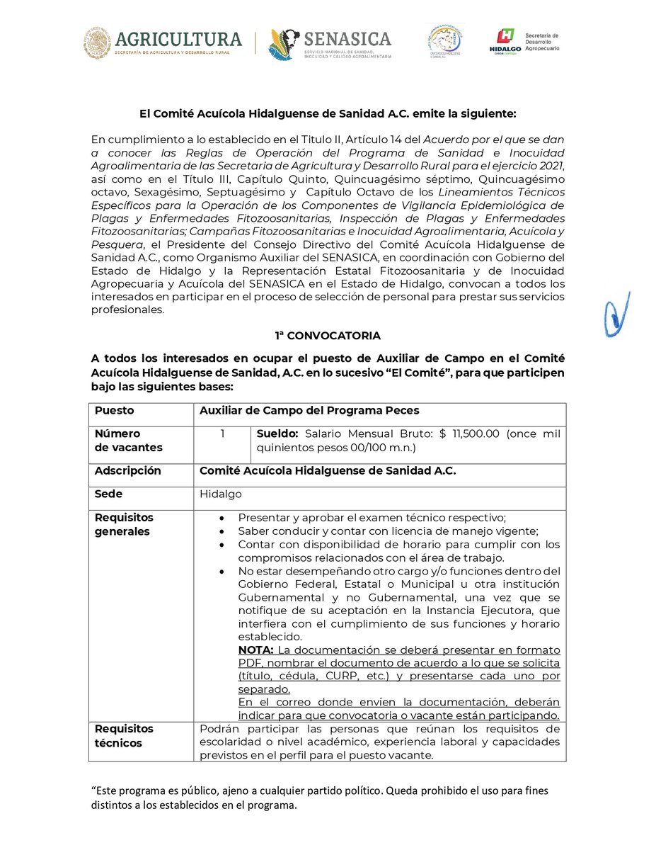 CahsacHgo's tweet photo. Se comparte convocatoria para la vacante de Auxiliar de Campo del proyecto Peces, publicada en la página OSIAP el 4 de Octubre de 2021, interesados entregar sus documentos hasta el 24 de octubre, conforme a las imágenes anexas. https://t.co/I7DOYfOhdQ