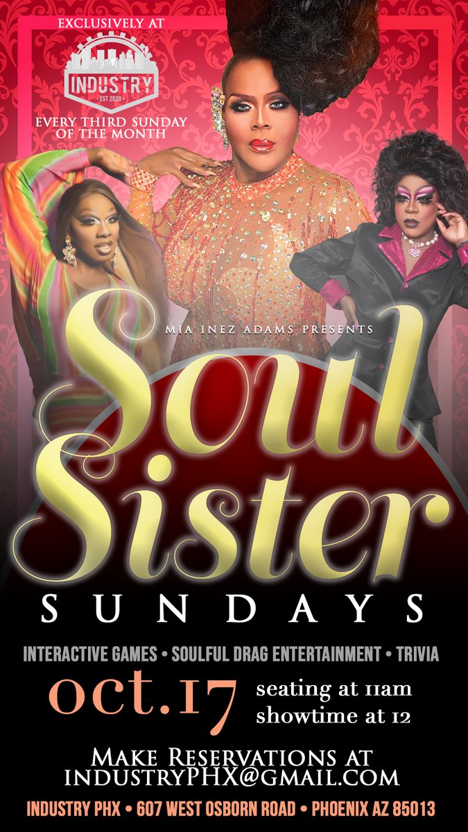 divaminor's tweet photo. Say #HeyFefe! SUNDAY brunch (10/17) for Soul Sister Sunday at Industry PHX at 11 a.m. with @Sexyydee1 and @marayajordan. Presented by Mia Inez Adams. 

Entertainment, games, trivia. 
Reservations email industryphx@gmail.com

#LGBTQ #Phoenix #Entertainment https://t.co/wGvYdZHd1W