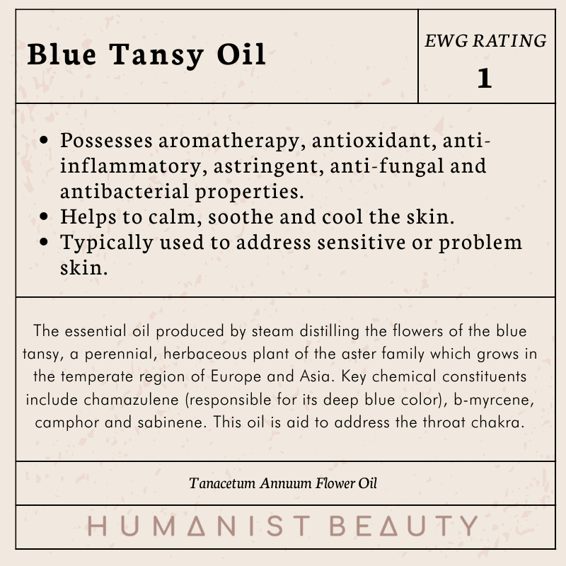 HumanistBeauty's tweet photo. Blue Tansy Oil 🌀 A powerful #antioxidant that benefits both sensitive and problem skin types. We include it in our Herban Wisdom Facial Oil to give you calmer, smoother skin.  #bluetansyoil #problemskin #sensitiveskin #cleaningredients #cleanskincare https://t.co/r50LR93ksg