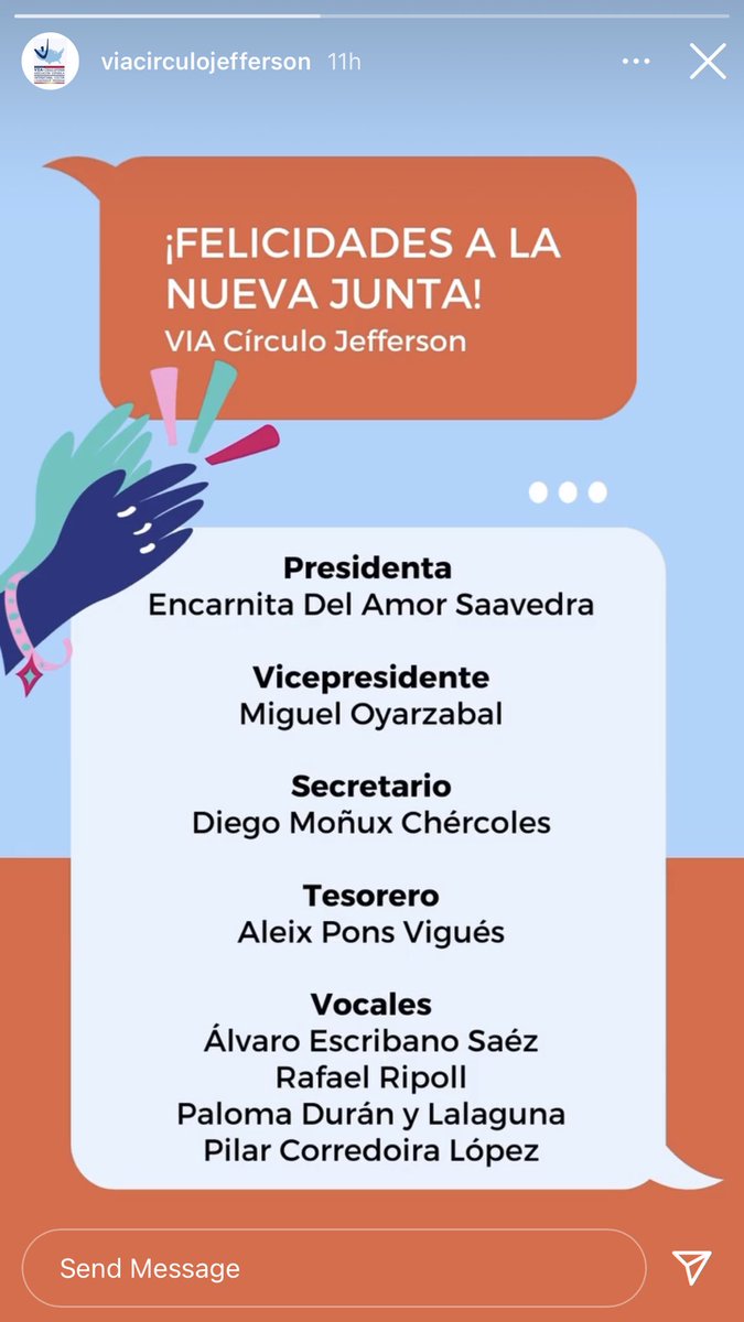 Felicidades a la Nueva Junta <a href="/vcjefferson/">VIACírculoJefferson</a> Presidenta <a href="/encarnitadla/">Encarnita Del Amor</a> Vicepresidente @migueloryazabal Secretario <a href="/diegomonux/">Diego Moñux</a> Tesorero <a href="/AleixPonsV/">Aleix Pons</a> Vocales@Palomaduran <a href="/pilarcorredoira/">Maria ana Corredoira</a> <a href="/rafaelripoll/">Rafael Ripoll</a> <a href="/alvaroe15/">Álvaro Escribano</a> seguiremos trabajando para nuestros IVLP <a href="/USembassyMadrid/">U.S. Embassy Madrid 🇺🇸🇪🇸</a> @aslevia