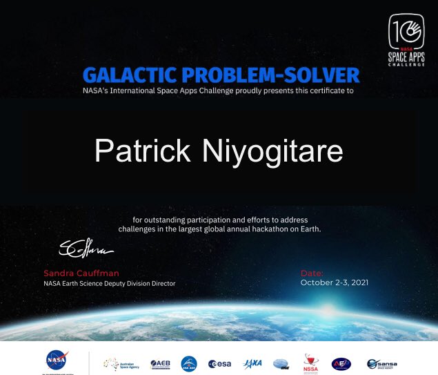 Patrick Niyogitare (@niyogitare) on Twitter photo Grad to be a 2021 GALACTIC PROBLEM SOLVER certified by #SpaceApps . Kudos to my teammate <a href="/ClaranceLiberi/">Clarance Liberi, Ntwari</a> & <a href="/SpaceAppsKigali/">Space Apps Challenge Kigali</a> team Grad to be a 2021 GALACTIC PROBLEM SOLVER certified by #SpaceApps . Kudos to my teammate <a href="/ClaranceLiberi/">Clarance Liberi, Ntwari</a> & <a href="/SpaceAppsKigali/">Space Apps Challenge Kigali</a> team