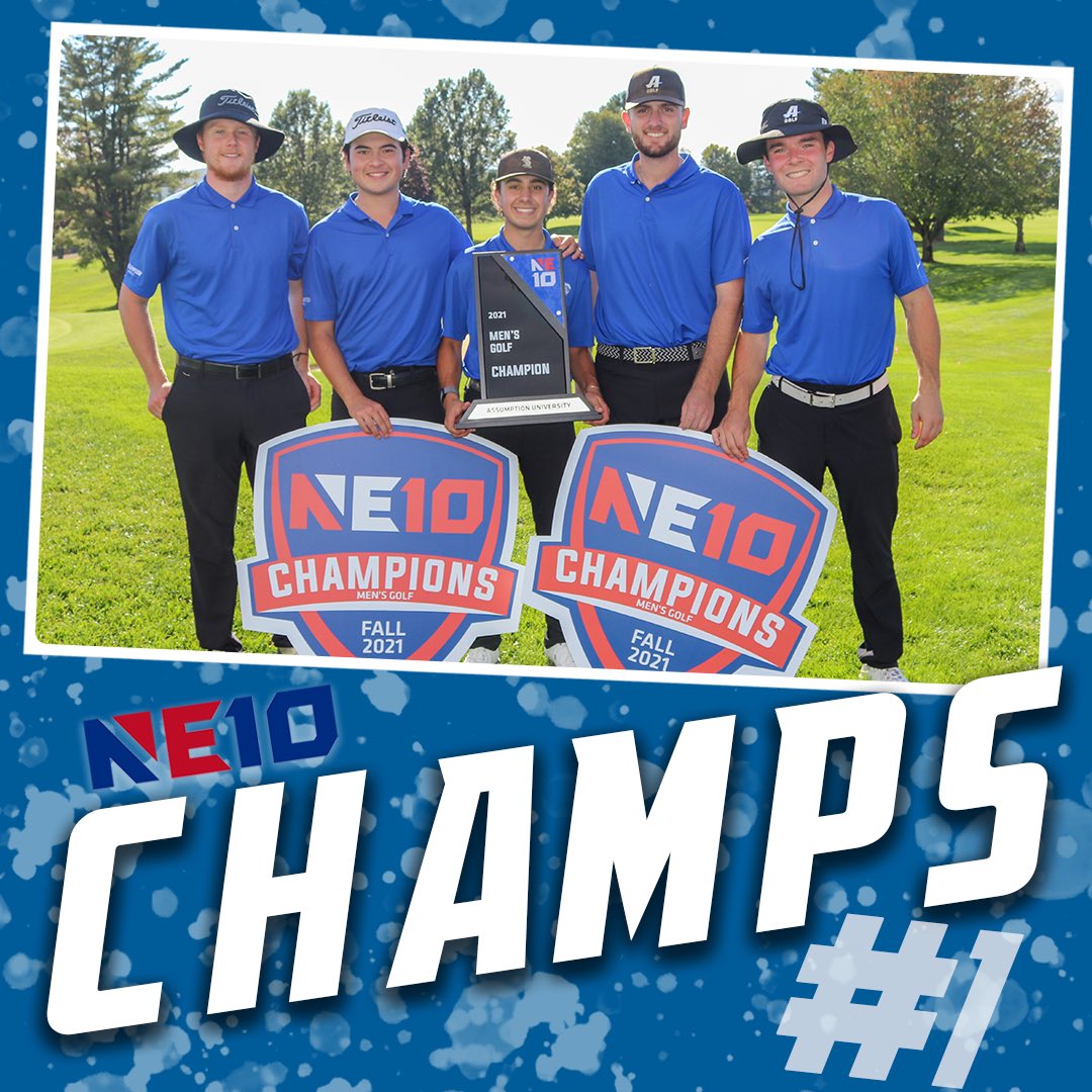 GoAssumptionU's tweet photo. Congratulations to @AssumptionMGolf on capturing @TheNortheast10 Championship title today!! The Hounds took first place by 15 strokes! Full release: https://t.co/H73ENyN2if 🏆⛳️ https://t.co/MnzI2v4fUr