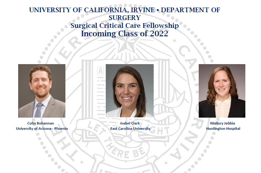 UCIrvineSurgery's tweet photo. We are so happy to introduce our matched fellows for surgical critical care!! #trauma #surgicalcriticalcare #Match2021 #NRMP #fellowship #surgeryeducation https://t.co/51v3BkkwQ2