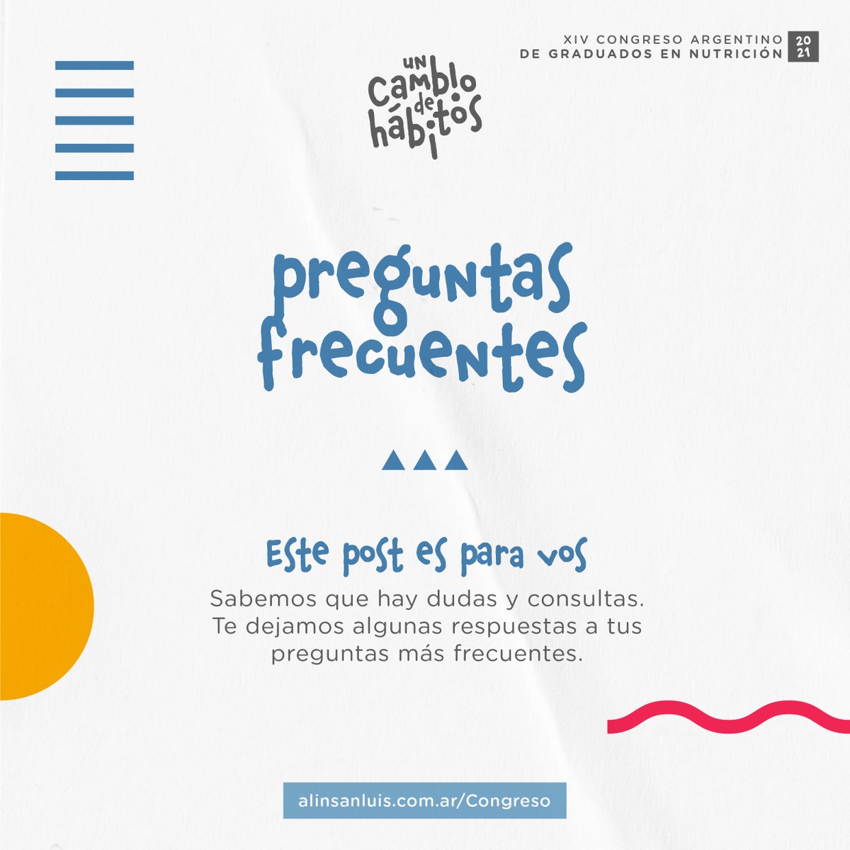 FAGRANnutricion's tweet photo. PREGUNTAS FRECUENTES ⁉️
Este post es para vos. Te dejamos algunas respuestas a tus preguntas más frecuentes.

Abrimos hilo 👇

Invitan y Organizan este evento: ALiN San Luis y FAGRAN. Auspicia: ULP San Luis

#FAGRAN #congresonutricionargentina #actividadcientifica #alinsanluis https://t.co/FMKSf2fhB1