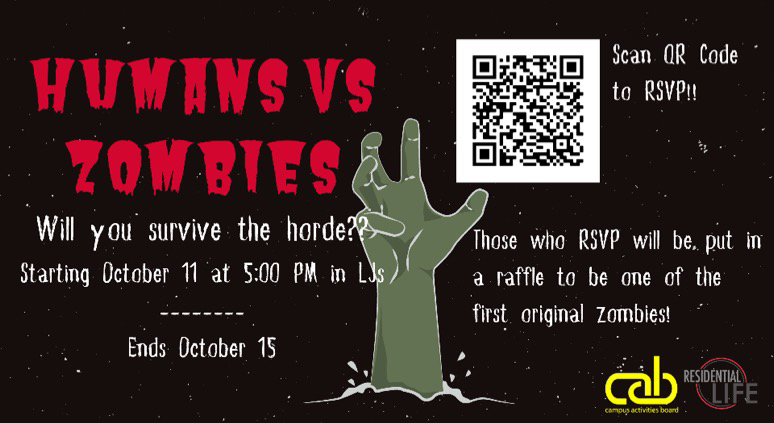 HEX and CAB present you with our annual Human vs. Zombies event but this time, with a TWIST! 🧟Are you going to survive the zombie horde and come out on top?🥇Make sure to sign up/RSVP through GetInvolvedMU! #GetInvolvedMU #hvzmu