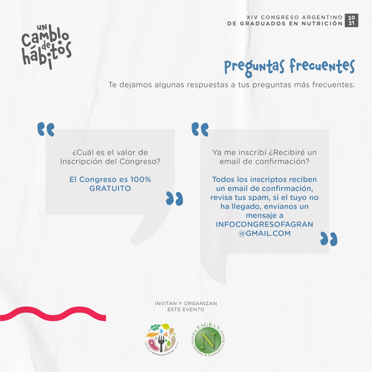 FAGRANnutricion's tweet photo. PREGUNTAS FRECUENTES ⁉️
Este post es para vos. Te dejamos algunas respuestas a tus preguntas más frecuentes.

Abrimos hilo 👇

Invitan y Organizan este evento: ALiN San Luis y FAGRAN. Auspicia: ULP San Luis

#FAGRAN #congresonutricionargentina #actividadcientifica #alinsanluis https://t.co/FMKSf2fhB1