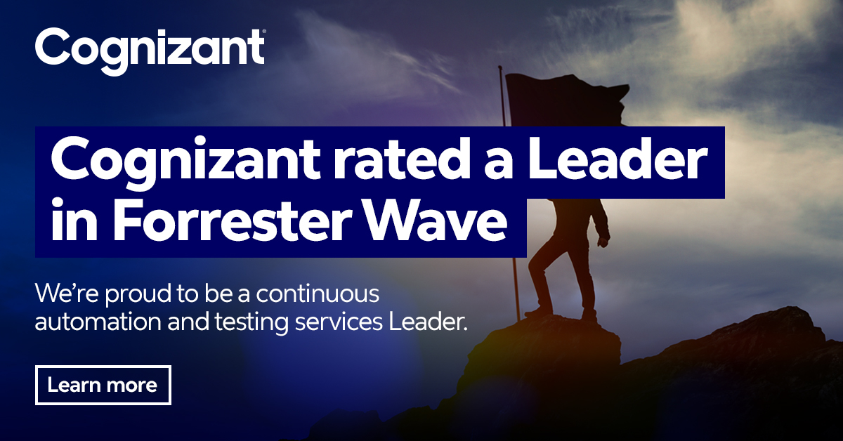 Cognizant's tweet photo. We’re a Leader in continuous automation and #testing, proudly helping clients with #firsttimeright quality in digital. Learn more: https://t.co/H0n407f7yd https://t.co/x2c9gDlIic