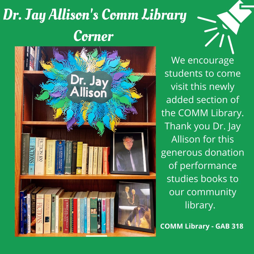 UNTComm's tweet photo. Come visit the newly added section to the COMM Library (GAB 318)! Dr. Jay Allison has donated a wide variety of books for COMM students to enjoy. #UNTCOMM https://t.co/GhA4f89q5y