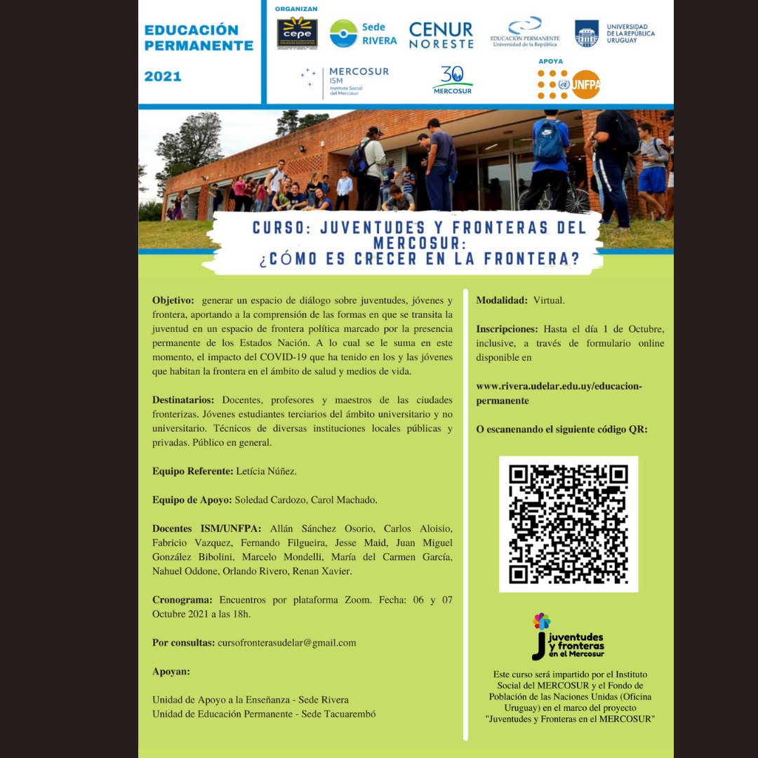 ISMERCOSUR's tweet photo. En instantes iniciaremos el curso "#Juventudes y #Fronteras del #MERCOSUR", realizado con @Udelar_Rivera, con el apoyo de @unfpa_lac y @UNFPAuruguay.

Se inscribieron un total de 250 estudiantes y profesionales, especialmente de #Rivera, pero también de otros 14 países. https://t.co/UpZy0Gi4RN